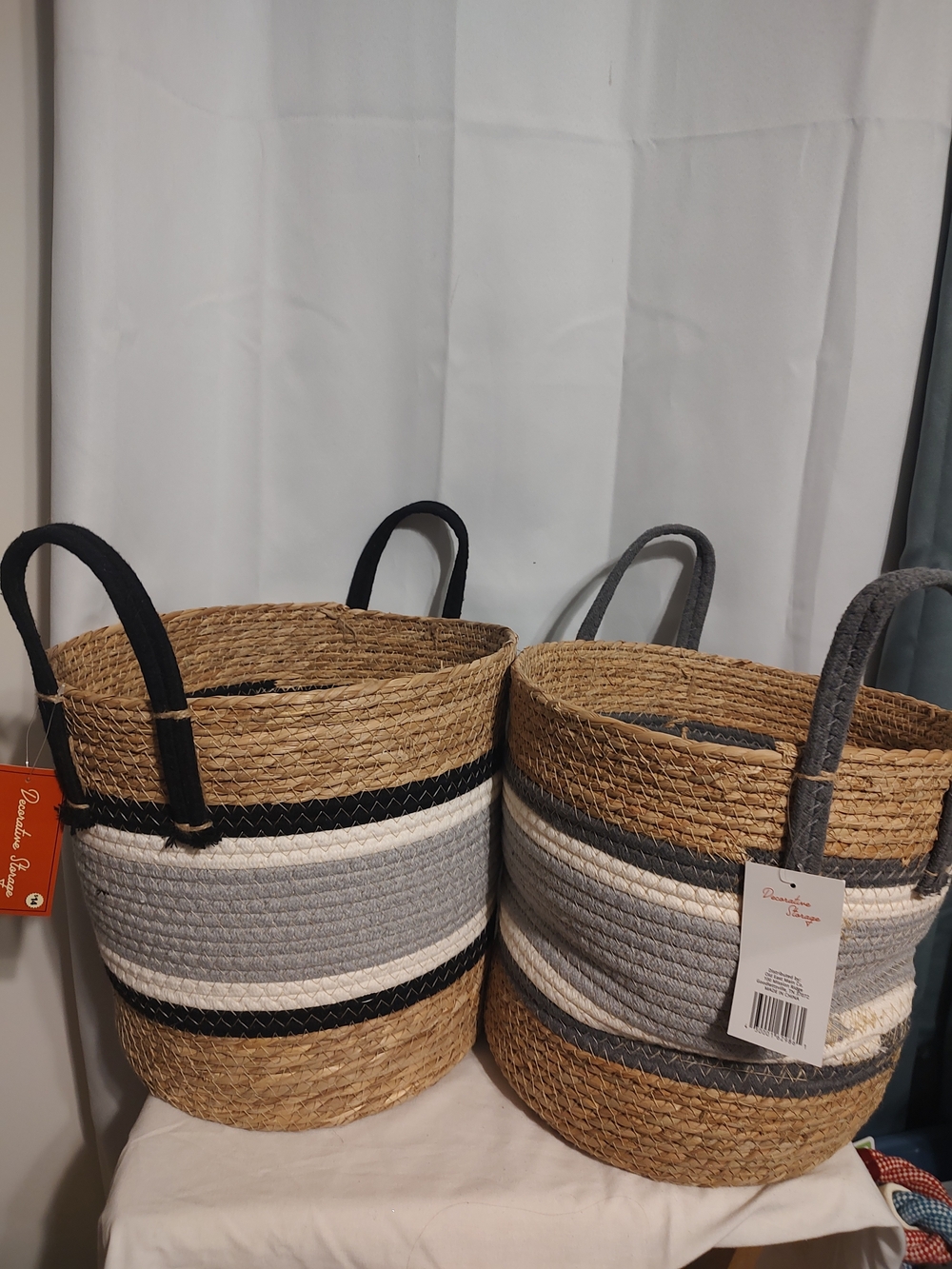 Source Unknown Natural Seagrass Baskets with Black, Gray & Cream Stripes